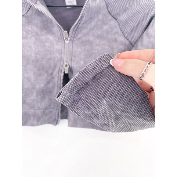 Mono B Women's Purple Raglan Athletic Cropped Long Sleeve Double Zip Sweater - Picture 8 of 8